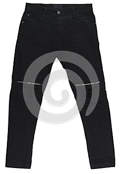 Black isolated on a white background. Men`s jeans are isolated. Close-up of trendy stylish men`s black jeans pants with a zipper o