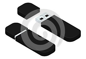 Black isometric USB flash-drives, open and closed
