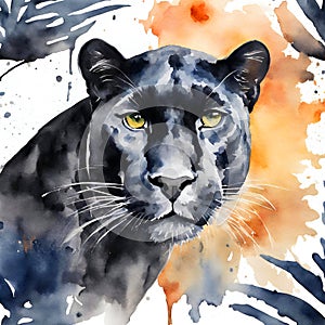 Black jaguar on splashed green brown paint background, simulating forest colors, watercolor illustration.