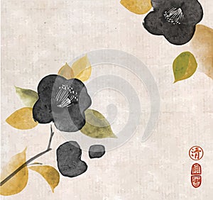 Black japanese camelia flowers on vintage paper background. Traditional Japanese ink wash painting sumi-e in romantic