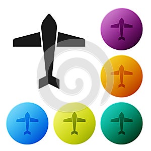 Black Jet fighter icon isolated on white background. Military aircraft. Set icons in color circle buttons. Vector