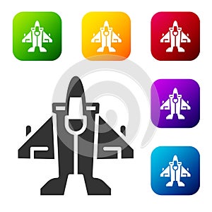 Black Jet fighter icon isolated on white background. Military aircraft. Set icons in color square buttons. Vector