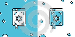 Black Jewish torah book icon on blue and white background. The Book of the Pentateuch of Moses. On the cover of the photo