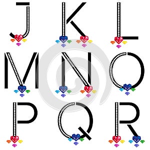 Black JKL letters with diamond and colorful gems. Characters with precious gemstones. Vector illustration.  Crystal studded letter