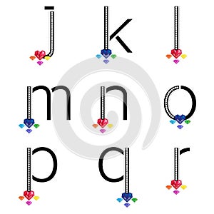 Black JKL lowercase letters with diamond and colorful gems. Characters with precious gemstones. Vector illustration.