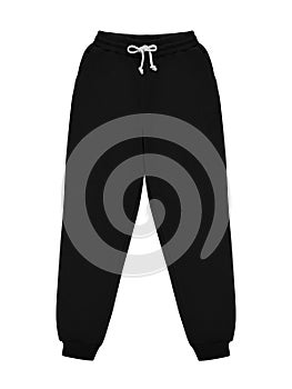 Black jogger pants mockup. Template Sports trousers front view for design. Fitness wear isolated on white
