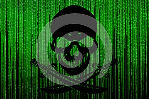 Black Jolly Roger on a bright green background from a matrix of binary code pouring from above