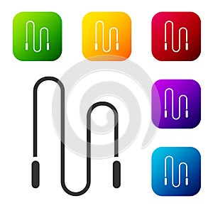 Black Jump rope icon isolated on white background. Skipping rope. Sport equipment. Set icons in color square buttons