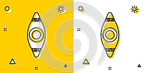 Black Kayak and paddle icon isolated on yellow and white background. Kayak and canoe for fishing and tourism. Outdoor