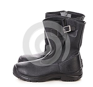 Black kersey pair of boots close up.