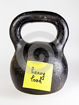 Black kettlebell with label heavy load photo