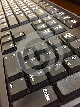 Black keyboard and the buttons is filled with white dust. The clear keypads are sort by number from 1 to 9 as the square table