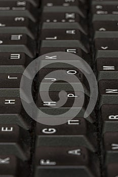 Black keyboard closeup. Keyboard pattern. Horizontal pattern. Vertical pattern.