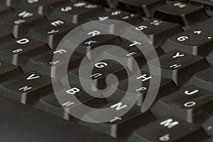 Black keyboard closeup. Keyboard pattern. Horizontal pattern. Vertical pattern.
