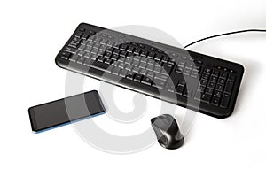 black keyboard and mouse smartphone isolated on white background