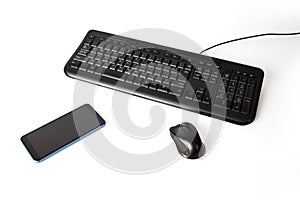 black keyboard and mouse smartphone isolated on white background