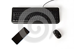 black keyboard and mouse smartphone isolated on white background