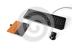 black keyboard and mouse smartphone isolated on white background