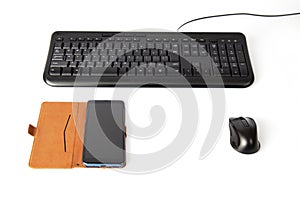 black keyboard and mouse smartphone isolated on white background