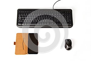 black keyboard and mouse smartphone isolated on white background