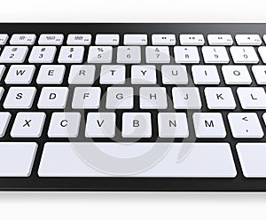 Black keyboard with white keys, front closeup shot.