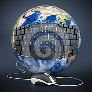 Black keyboard wrapped on the earth connected to computer mouse. 3D illustration