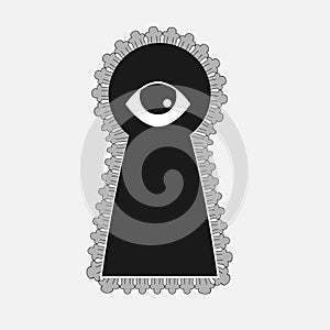 Black Keyhole with eye icon isolated. The eye looks into the keyhole. Keyhole eye hole. Vector Illustration