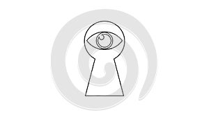 Black Keyhole with eye line icon on white background. The eye looks into the keyhole. Keyhole eye hole. 4K Video motion