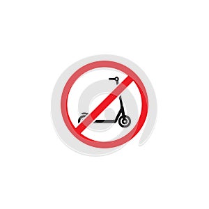 Black kick scooter or balance bike in red crossed circle icon. No push scooter s sign isolated on white