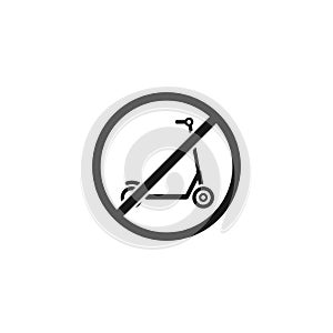 Black kick scooter or balance bike in red crossed circle icon. No push scooter s sign isolated on white