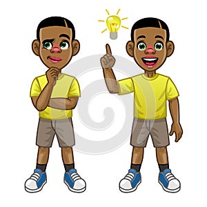 Black kid cartoon thinking and find the idea