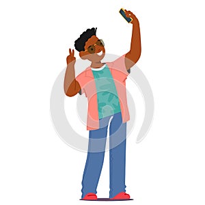 Black Kid Character Shooting himself on Photo Camera. Young Boy Excitedly Capturing A Selfie, His Face Lit Up
