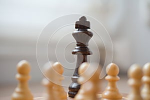 Black king piece is surrounded by white pawns - Conceptual photo of the power of the crowd against the power