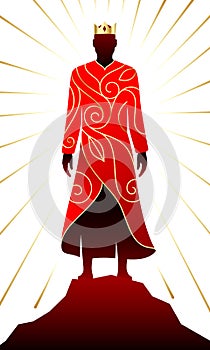 Black king standing on a rocky hill with golden crown and embroidered red coat, vector illustration