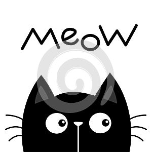 Black kitten cat head face looking. Meow text. Kawaii baby pet animal. Cute cartoon character. Scandinavian style. Notebook cover