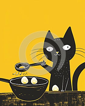 Black kitten cooking eggs. 2d flat doodle illustration. Minimalist photo