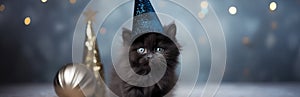 Black kitten in a festive cap on a Christmas background. Kitten celebrates New Year