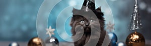 Black kitten in a festive cap on a Christmas background. Kitten celebrates New Year