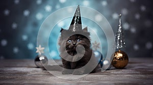 Black kitten in a festive cap on a Christmas background. Kitten celebrates New Year