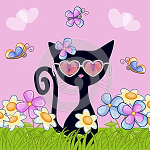 Black kitten with flowers