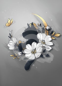 black kitten in flowers looking at a flying butterfly