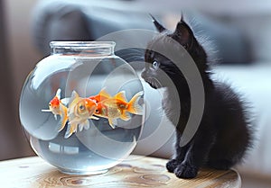 Black kitten is looking at goldfish in bowl.