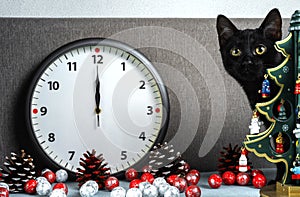 Black kitten waiting for the new year near a Christmas tree toy, Christmas toys, and watches