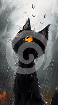 black kitty cat kitten yellow eyes sitting rain cute fiery red watery sad vampire looking upwards childlike covered deep drops photo