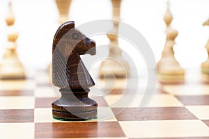 black knight against white chess pieces on board