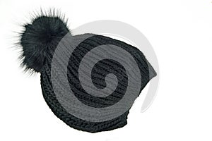 Black Knitted Wool Winter Ski Hat with Pom Pom