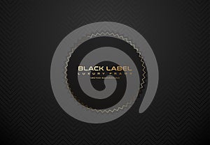 Black label luxury badge banner. Golden text on black sticker label gold frame tag. Dark geometric zigzag pattern background.