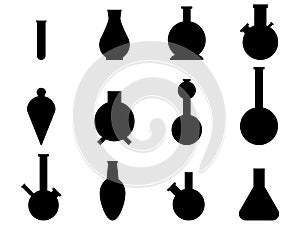Black laboratory glassware set isolated on white background. Laboratory glassware silhouettes. Design of chemical flasks for