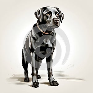 Black Labrador dog in cartoon style. Cute Chocolate Labrador isolated on white background. Watercolor drawing, hand-drawn Labrador