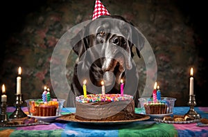 Black Labrador Retriever dog with a hat and birthday cake and candles.